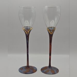 Handblown Art Glass Wine Goblets Pair Iridescent Copper Blue Stems